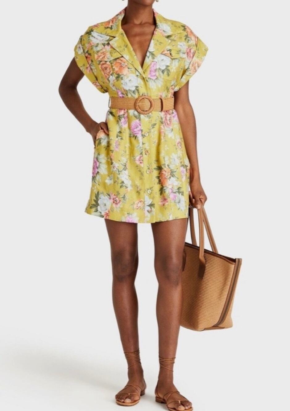 Zimmerman Pattie Belted Linen Floral Print Button-Front Mini Shirt Dress 0/US4
